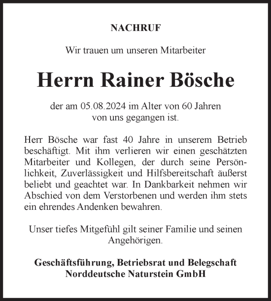 Traueranzeige von Rainer Bösche von Volksstimme Haldensleben/Wolmirstedt