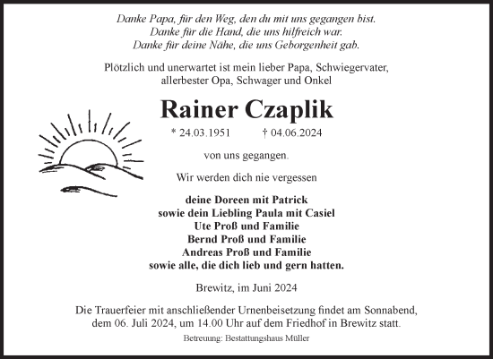 Traueranzeige von Rainer Czaplik von Volksstimme Altmark West