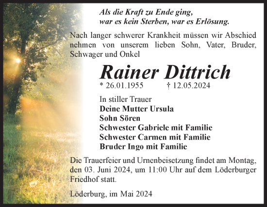 Traueranzeige von Rainer Dittrich von Volksstimme Staßfurt