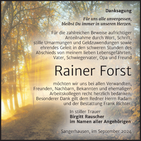 Traueranzeige von Rainer Forst von Trauerkombi Sangerhausen