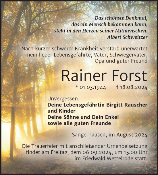 Traueranzeige von Rainer Forst von Trauerkombi Sangerhausen