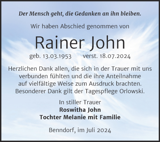 Traueranzeige von Rainer John von Trauerkombi Mansfelder Land