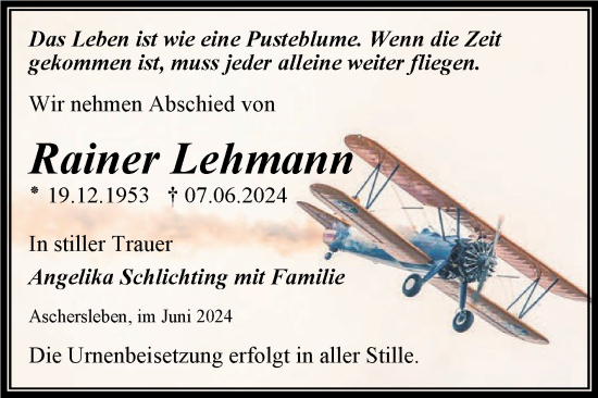 Traueranzeige von Rainer Lehmann von Trauerkombi Aschersleben