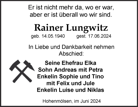 Traueranzeige von Rainer Lungwitz von Trauerkombi Weißenfels