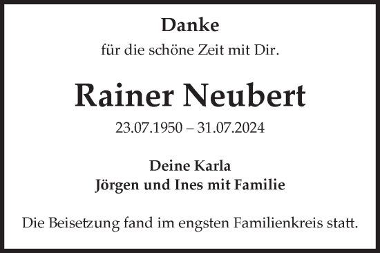 Traueranzeige von Rainer Neubert von Volksstimme Altmark Ost
