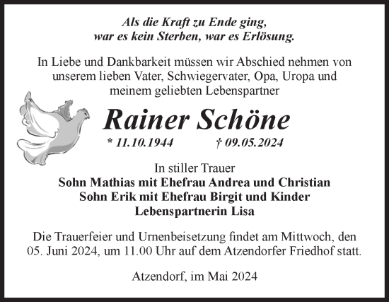 Traueranzeige von Rainer Schöne 
