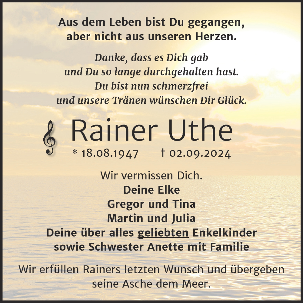  Traueranzeige für Rainer Uthe vom 07.09.2024 aus Trauerkombi Wittenberg