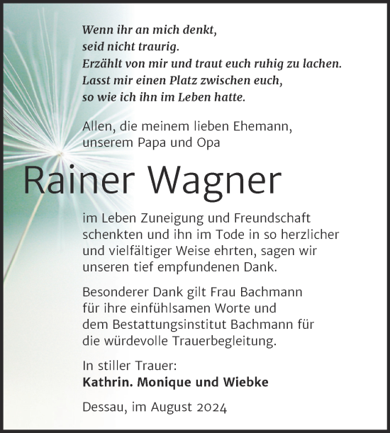 Traueranzeige von Rainer Wagner von Trauerkombi Dessau