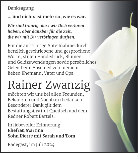 Traueranzeige von Rainer Zwanzig von Trauerkombi Köthen