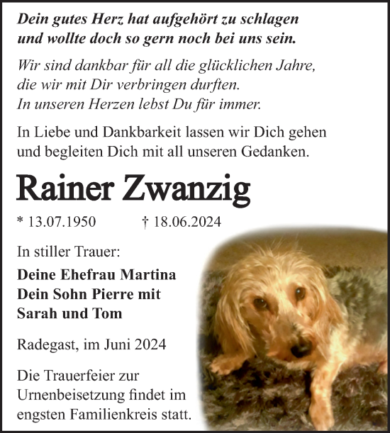 Traueranzeige von Rainer Zwanzig von Trauerkombi Köthen