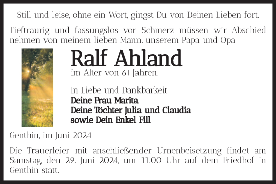 Traueranzeige von Ralf Ahland von Volksstimme Burg/Genthin