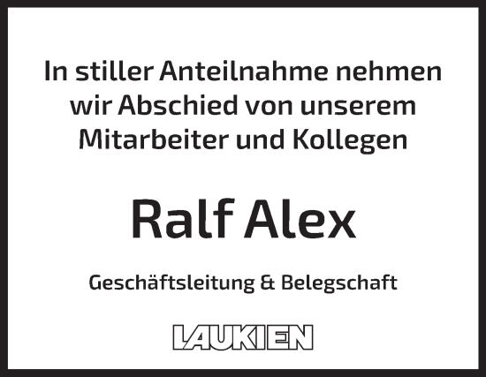 Traueranzeige von Ralf Alex von Volksstimme Burg/Genthin