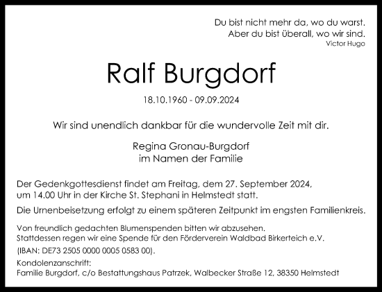 Traueranzeige von Ralf Burgdorf von Volksstimme Magdeburg
