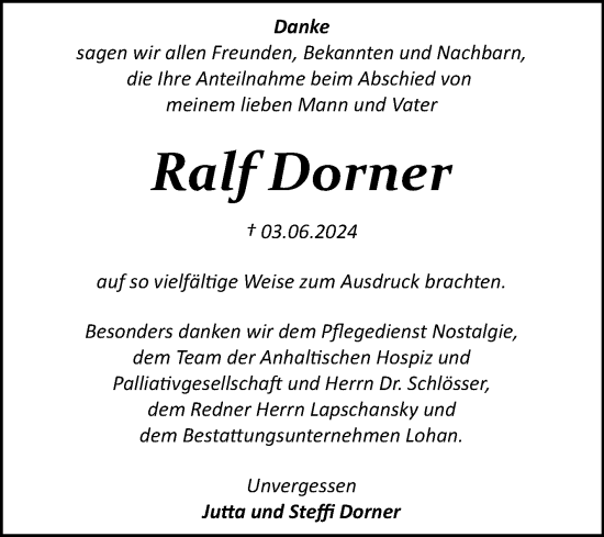 Traueranzeige von Ralf Dorner von Trauerkombi Bitterfeld