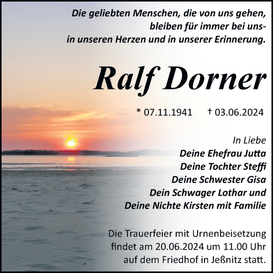 Traueranzeige von Ralf Dorner von Trauerkombi Bitterfeld