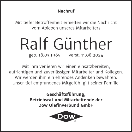 Traueranzeige von Ralf Günther von Mitteldeutsche Zeitung Merseburg/Querfurt