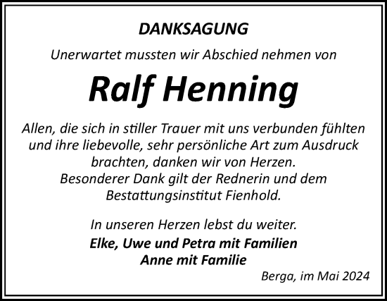 Traueranzeige von Ralf Henning von Trauerkombi Sangerhausen
