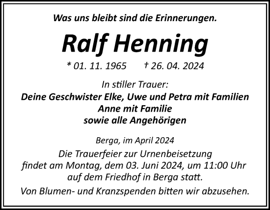 Traueranzeige von Ralf Henning von Trauerkombi Sangerhausen