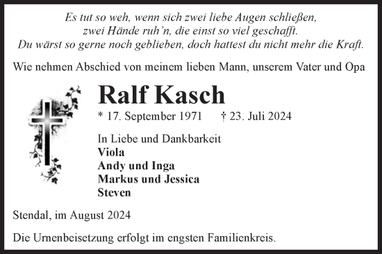 Traueranzeige von Ralf Kasch von Volksstimme Altmark Ost