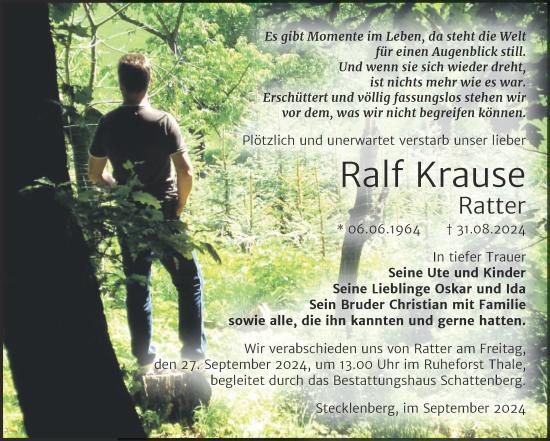 Traueranzeige von Ralf Krause von Trauerkombi Quedlinburg