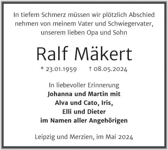 Traueranzeige von Ralf Mäkert von Trauerkombi Köthen