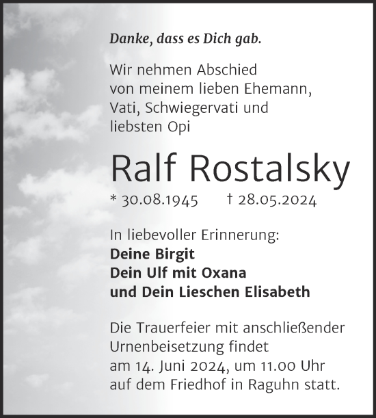 Traueranzeige von Ralf Rostalsky von Trauerkombi Bitterfeld