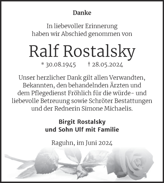 Traueranzeige von Ralf Rostalsky von Trauerkombi Bitterfeld