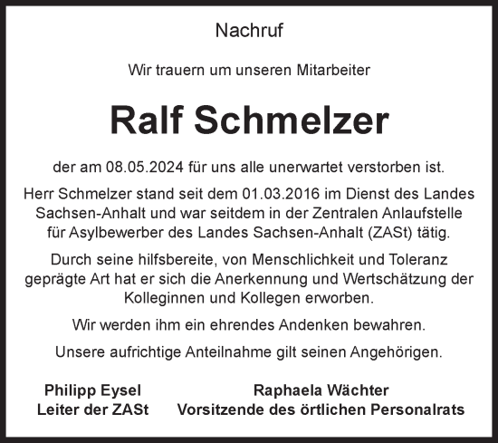 Traueranzeige von Ralf Schmelzer von Volksstimme Wernigerode