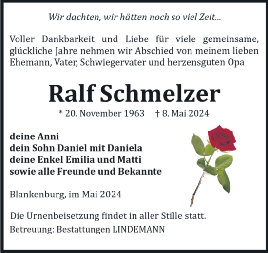Traueranzeige von Ralf Schmelzer von Volksstimme Wernigerode