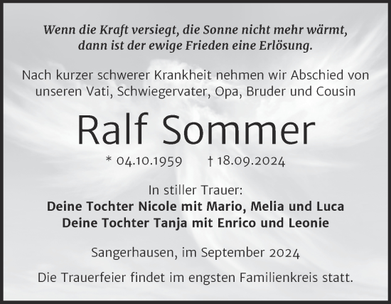 Traueranzeige von Ralf Sommer von Trauerkombi Sangerhausen