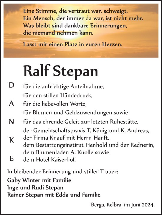 Traueranzeige von Ralf Stepan von Trauerkombi Sangerhausen