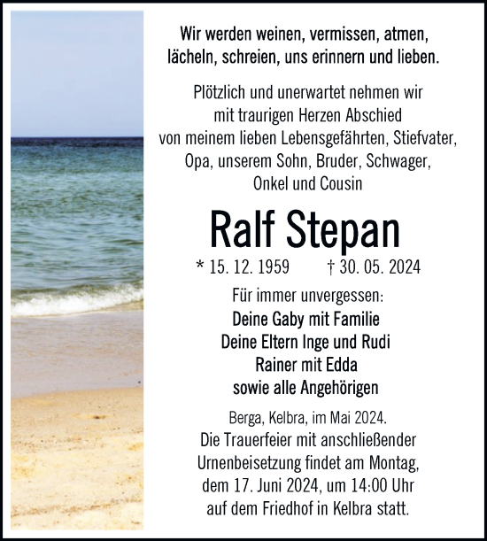Traueranzeige von Ralf Stephan von Trauerkombi Sangerhausen