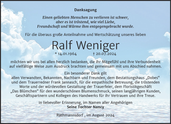 Traueranzeige von Ralf Weniger von Trauerkombi Aschersleben