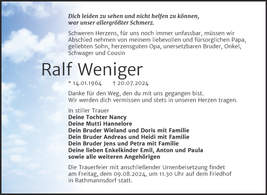 Traueranzeige von Ralf Weniger von Mitteldeutsche Zeitung Aschersleben