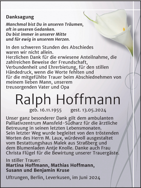 Traueranzeige von Ralph Hoffmann von Trauerkombi Sangerhausen