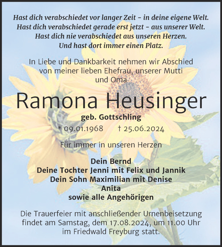  Traueranzeige für Ramona Heusinger vom 13.07.2024 aus Trauerkombi Merseburg
