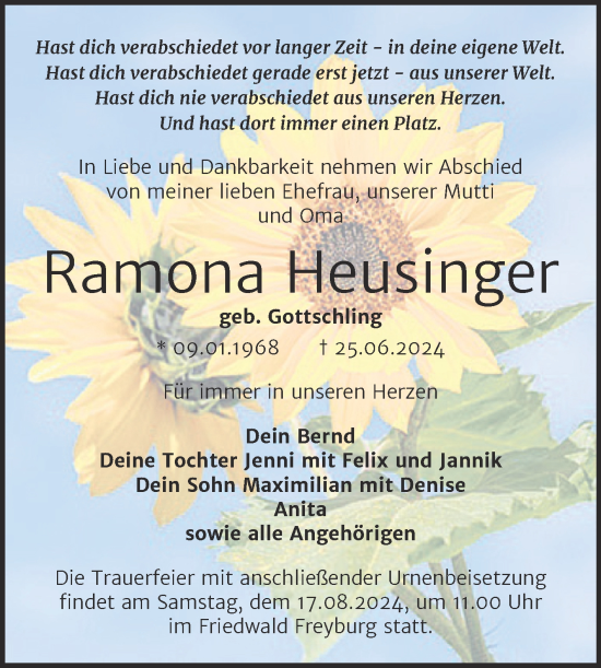 Traueranzeige von Ramona Heusinger von Trauerkombi Merseburg