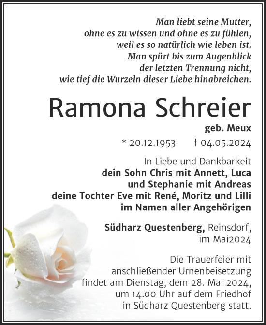Traueranzeige von Ramona Schreier von Trauerkombi Sangerhausen