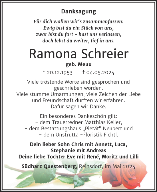 Traueranzeige von Ramona Schreier von Trauerkombi Sangerhausen
