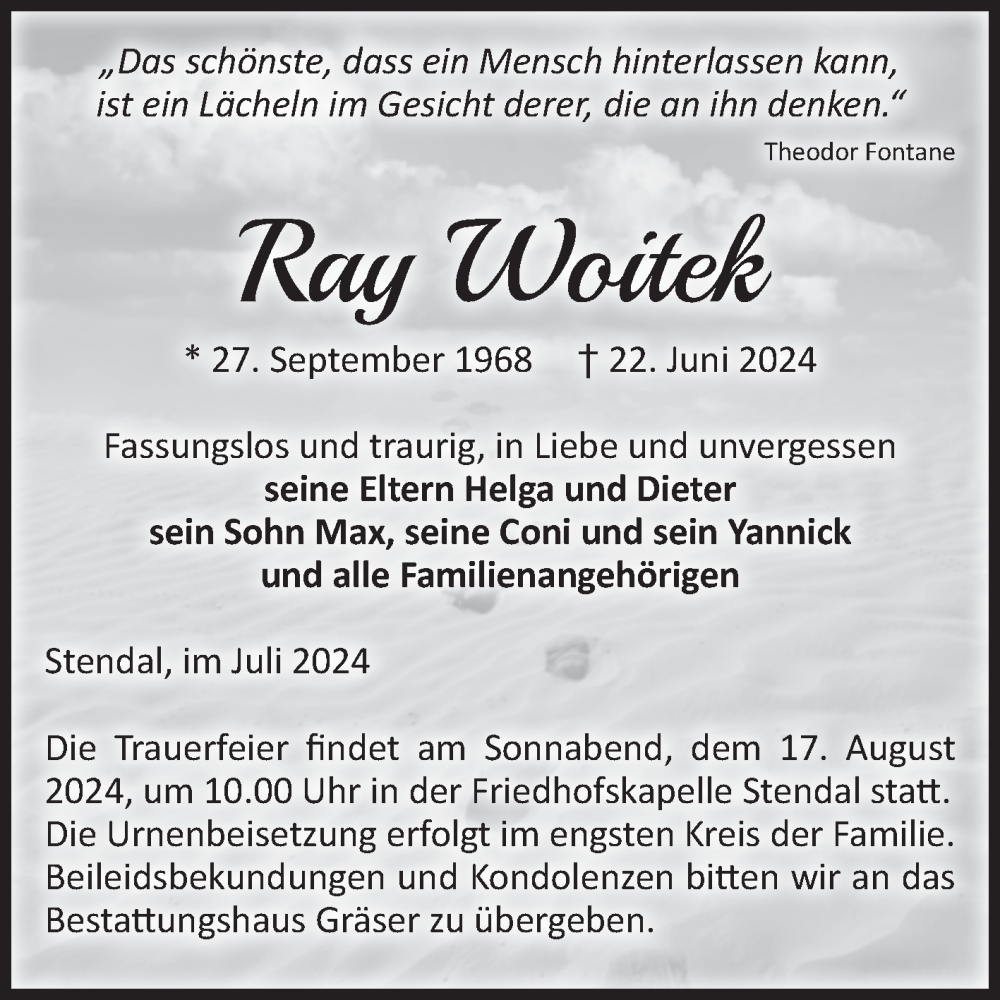  Traueranzeige für Ray Woitek vom 27.07.2024 aus Volksstimme Altmark Ost