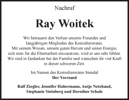 Traueranzeige von Ray Woitek von Volksstimme Altmark Ost