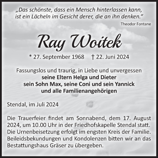 Traueranzeige von Ray Woitek von Volksstimme Altmark Ost