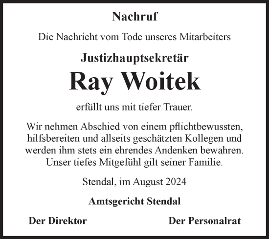Traueranzeige von Ray Woitek von Volksstimme Altmark Ost