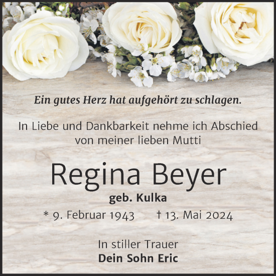 Traueranzeige von Regina Beyer von Trauerkombi Weißenfels