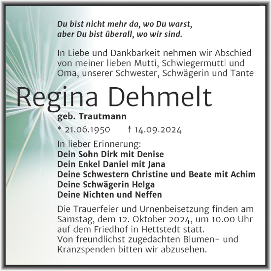 Traueranzeige von Regina Dehmelt von Trauerkombi Mansfelder Land