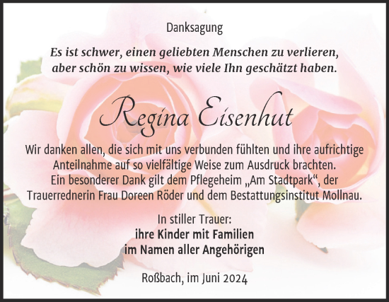 Traueranzeige von Regina Eisenhut von Trauerkombi Merseburg