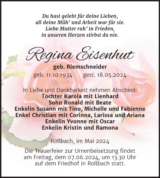 Traueranzeige von Regina Eisenhut von Trauerkombi Merseburg