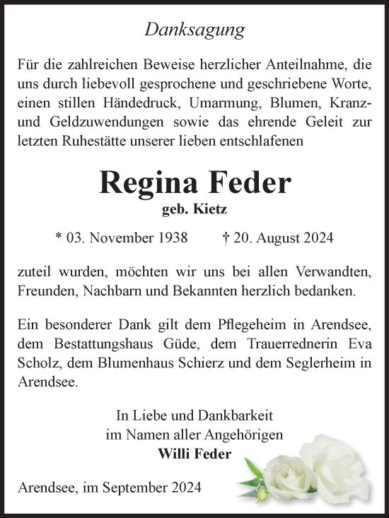 Traueranzeige von Regina Feder von Volksstimme Altmark West