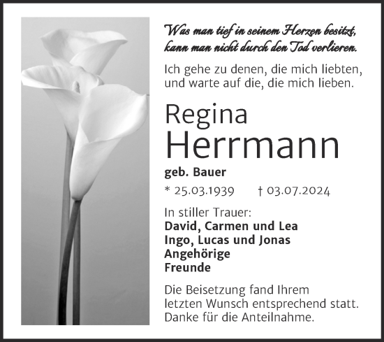 Traueranzeige von Regina Herrmann von Super Sonntag Sangerhausen