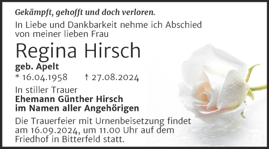 Traueranzeige von Regina Hirsch von Trauerkombi Bitterfeld